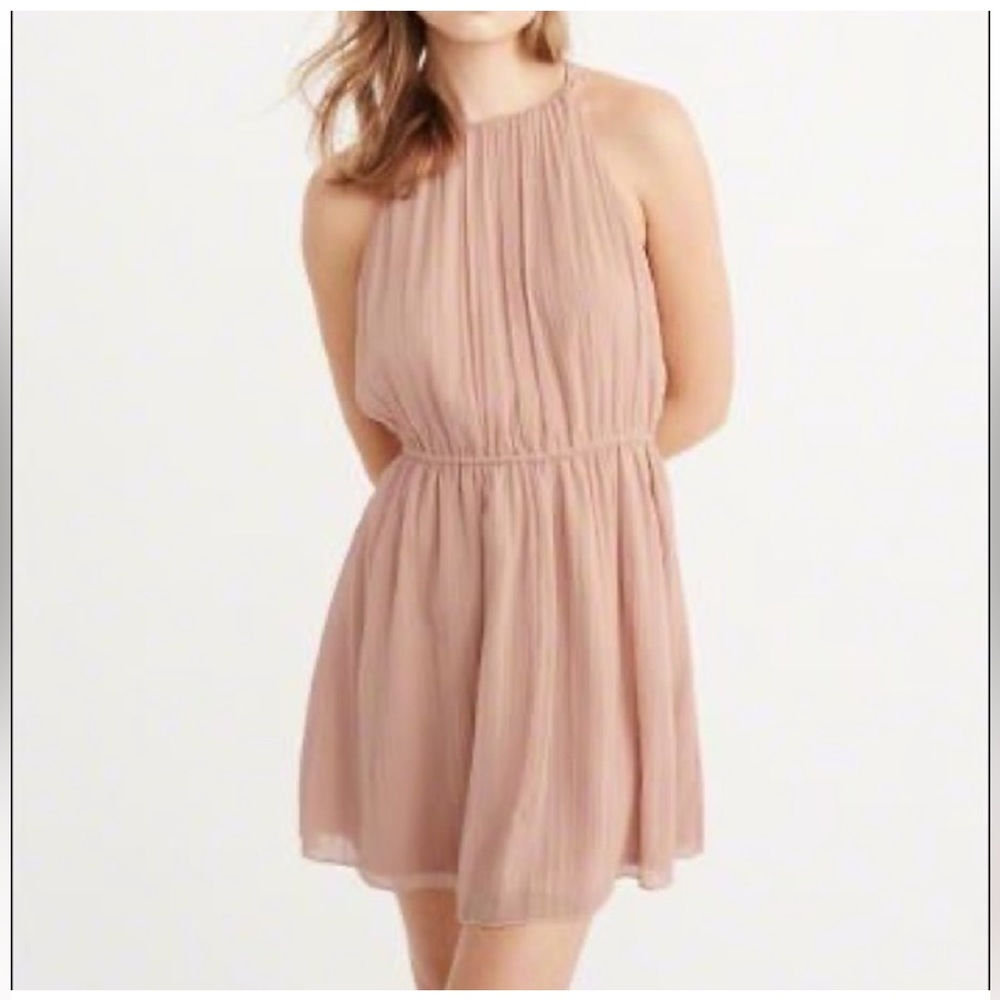 NWT Abercrombie and Fitch Baby Pink High Neck Chiffon Skater Dress size medium